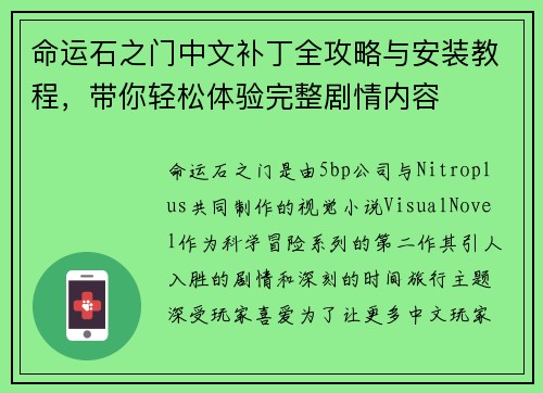 命运石之门中文补丁全攻略与安装教程，带你轻松体验完整剧情内容