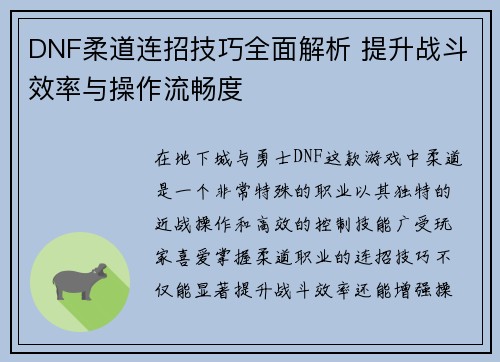 DNF柔道连招技巧全面解析 提升战斗效率与操作流畅度